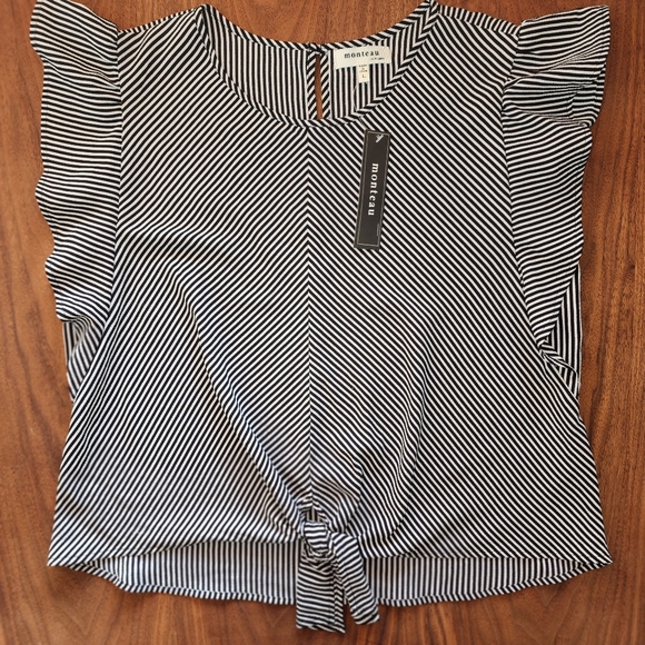 Monteau Black and White Stipe Flutter Sleeve, Sz L - Picture 6 of 12